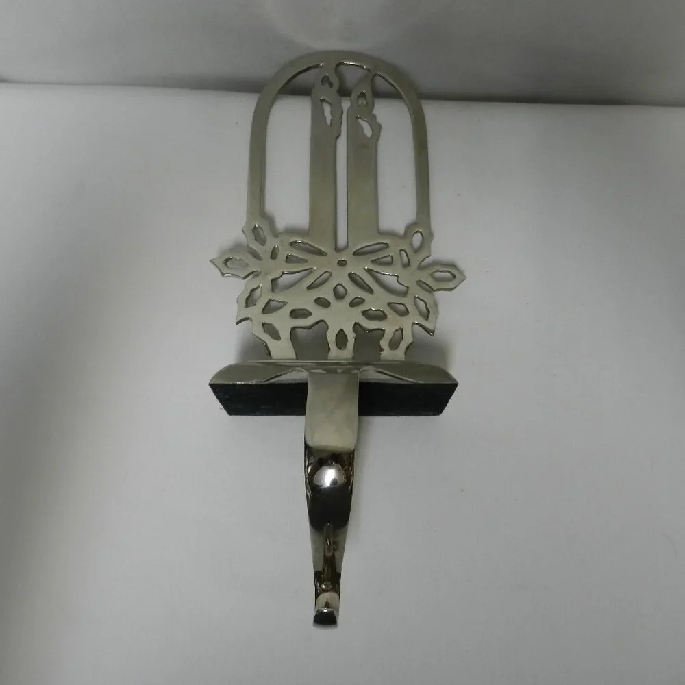 Vintage Candle Poinsettia Snowflake Christmas stocking holder hanger Silver tone
